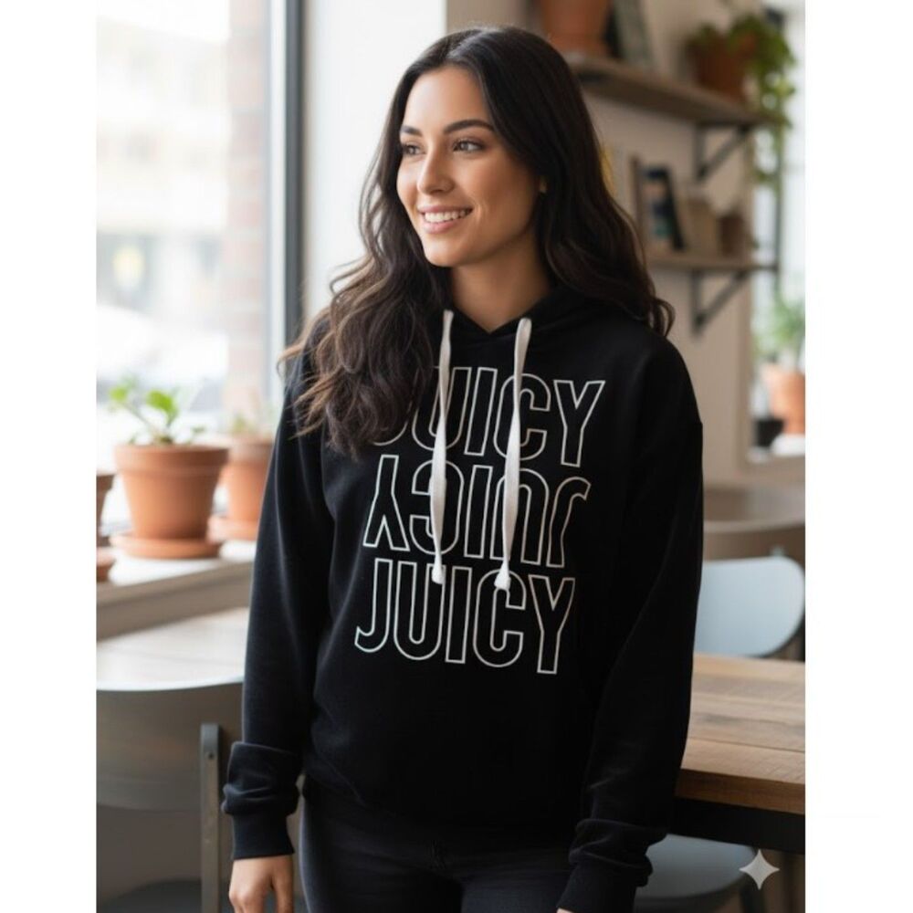 Juicy Couture Hoodie Sweatshirt Vintage Black Velour Drawstring Womens Size S